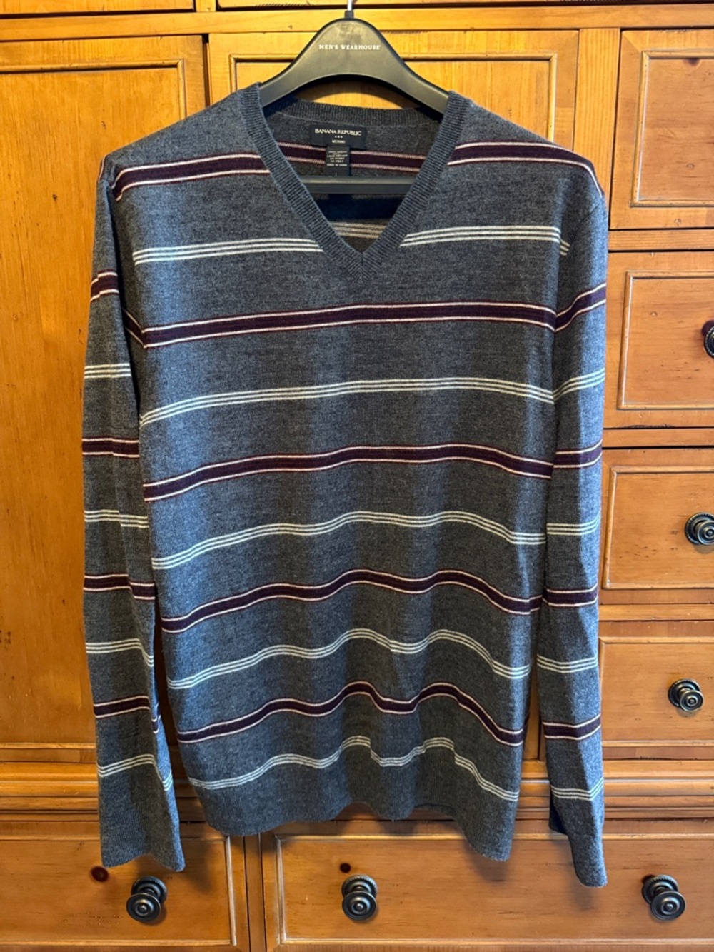 Banana Republic Factory Men's Grey V-Neck Sweater with Stripes, Merino, Large